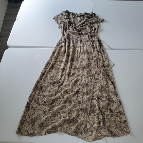 Whimsy Fairy Silk Wrap Dress Womens 8 Brown Leaf Sheer V Neck Maxi Short Sleeve - Picture 1 of 10